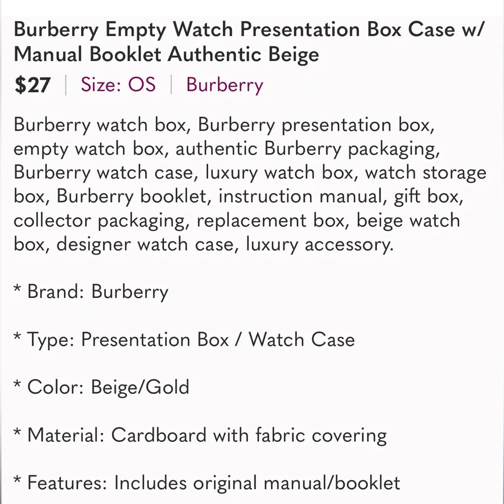 Burberry Empty Watch Presentation Box Case w/ Manual Booklet Authentic Beige